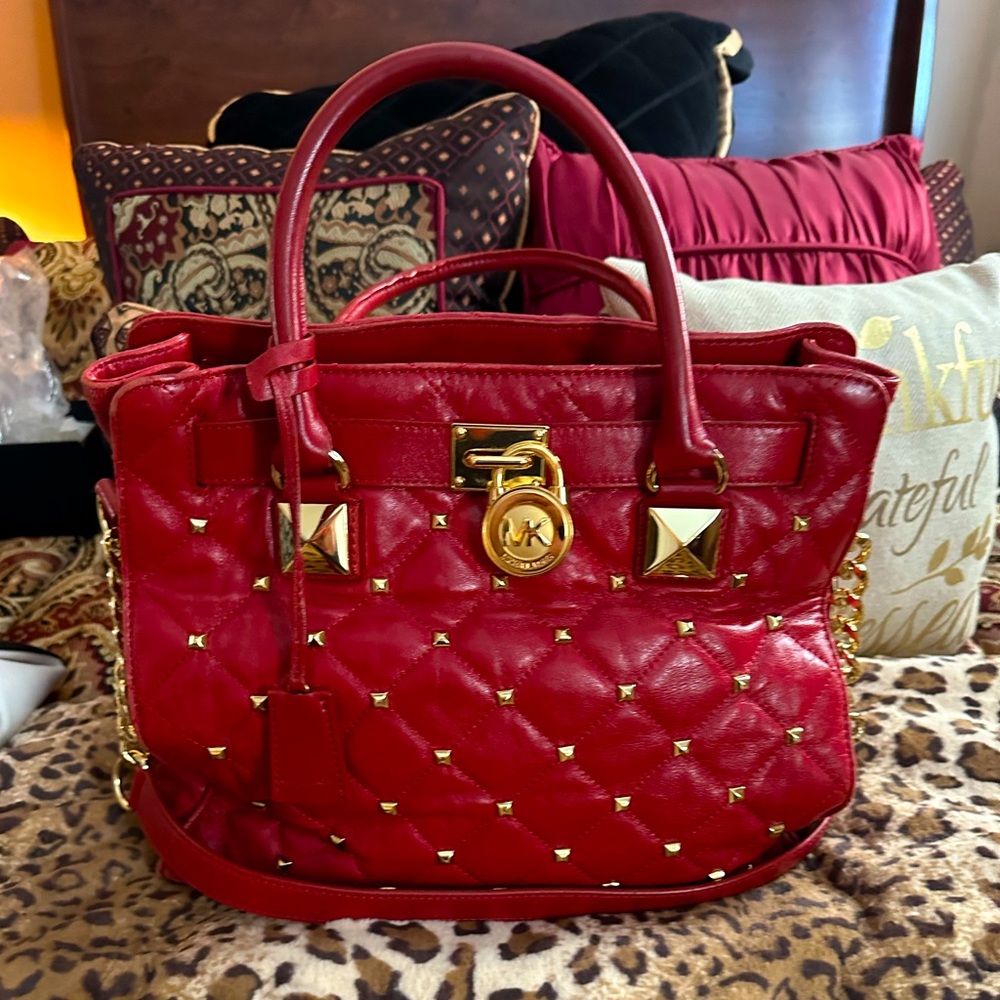 Amazing Red MK bag with gold studs all over and gold hardware